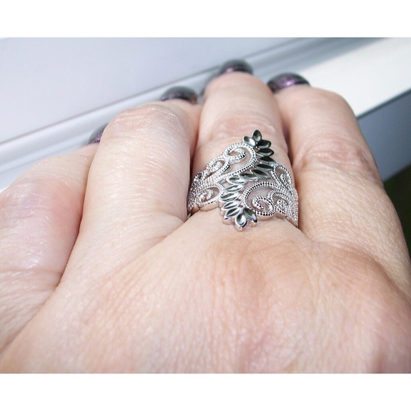 925 STERLING SILVER Leaves & Scrolls Filigree Statement Ring - Picture 6 of 16